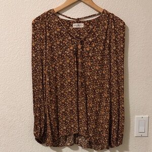 Natural Life Boho Brown Floral Peasant-Style Pullover Blouse, Large